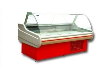 La tienda de delicatessen autónoma de la comida exhibe el refrigerador, contador posterior contrario de la exhibición de la carne